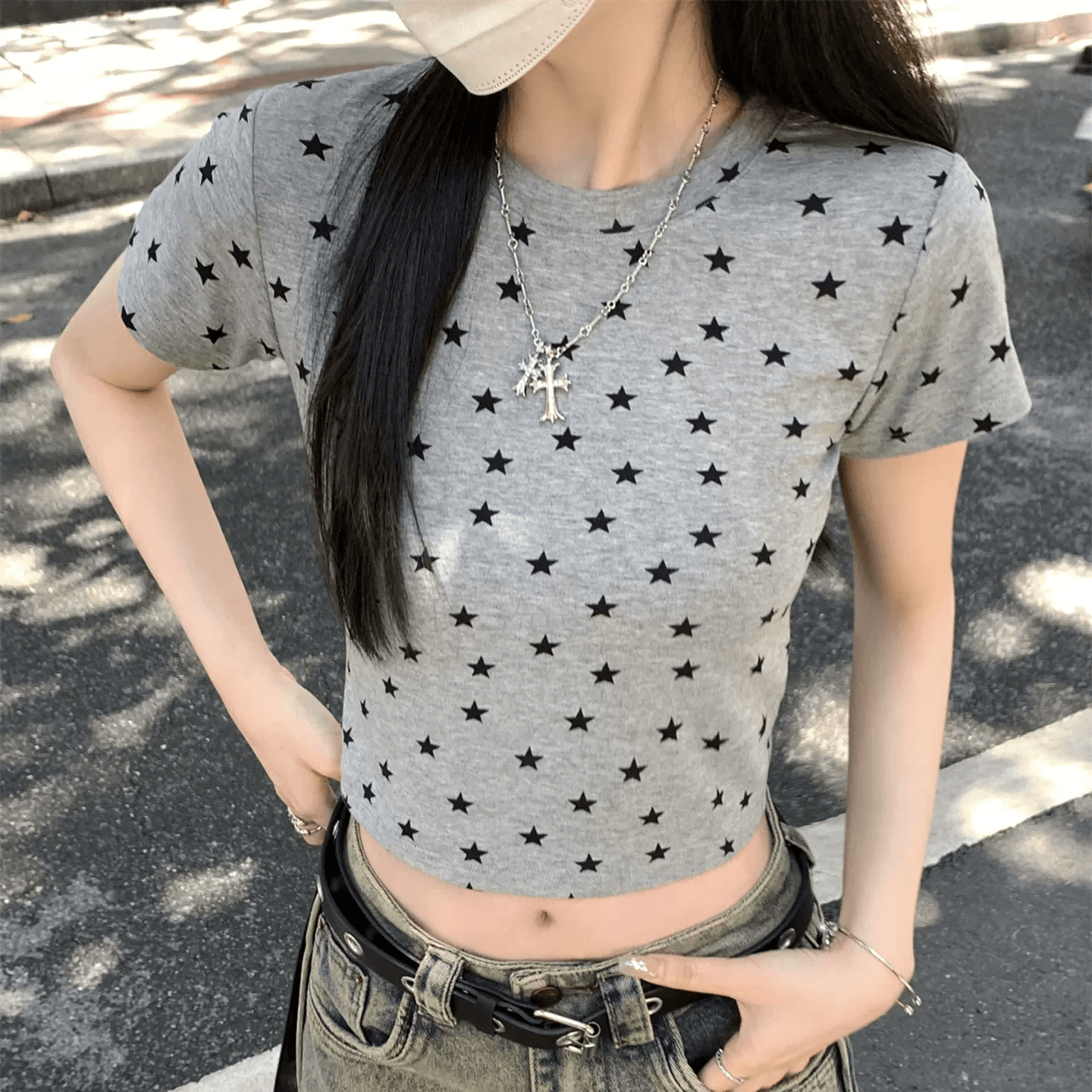 260 그램 모달 별 프린트 반팔 라운드 넥 티셔츠 여름 몸매 가꾸기 슬림해 보이는 맨위 상세 이미지 3