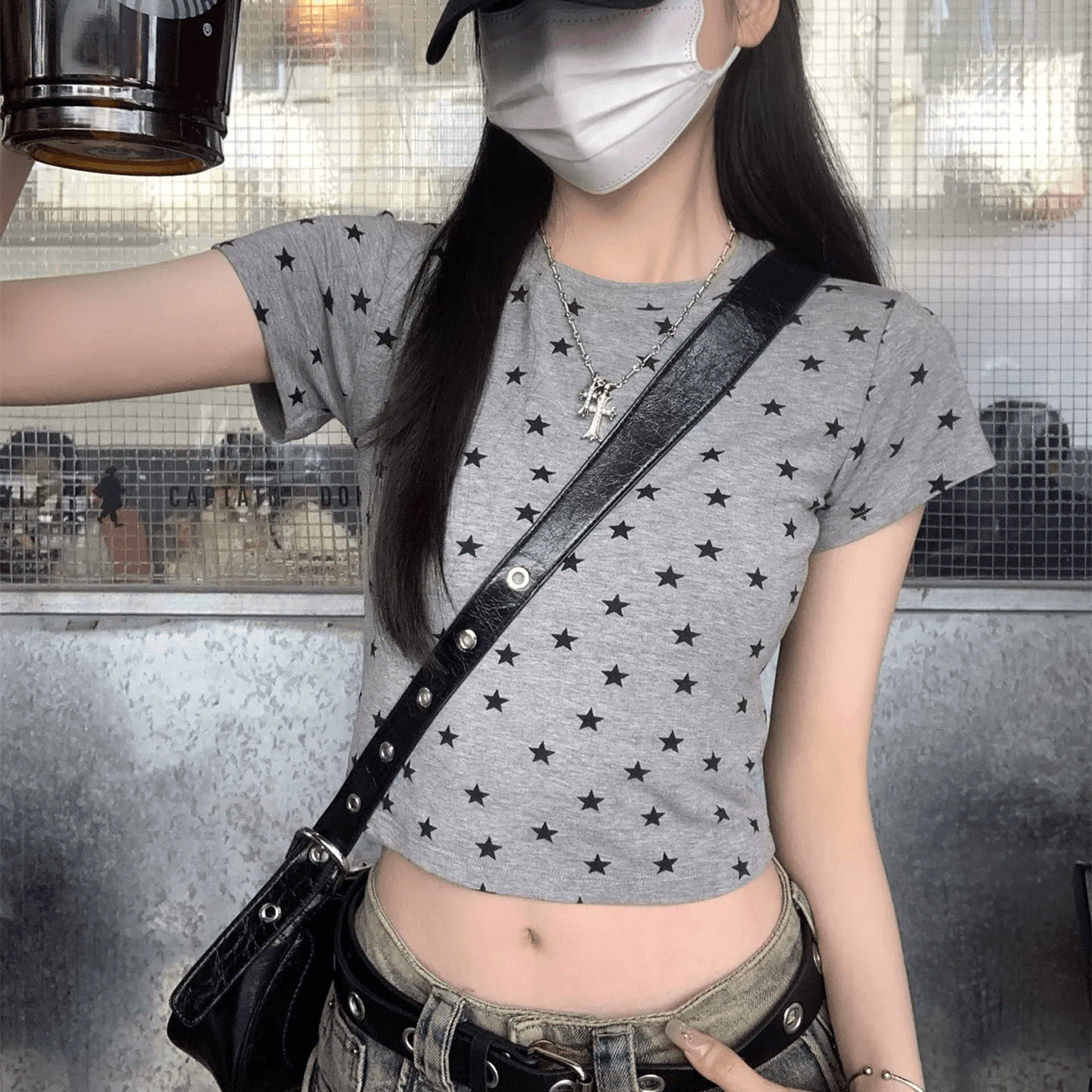 260 그램 모달 별 프린트 반팔 라운드 넥 티셔츠 여름 몸매 가꾸기 슬림해 보이는 맨위 상세 이미지 5