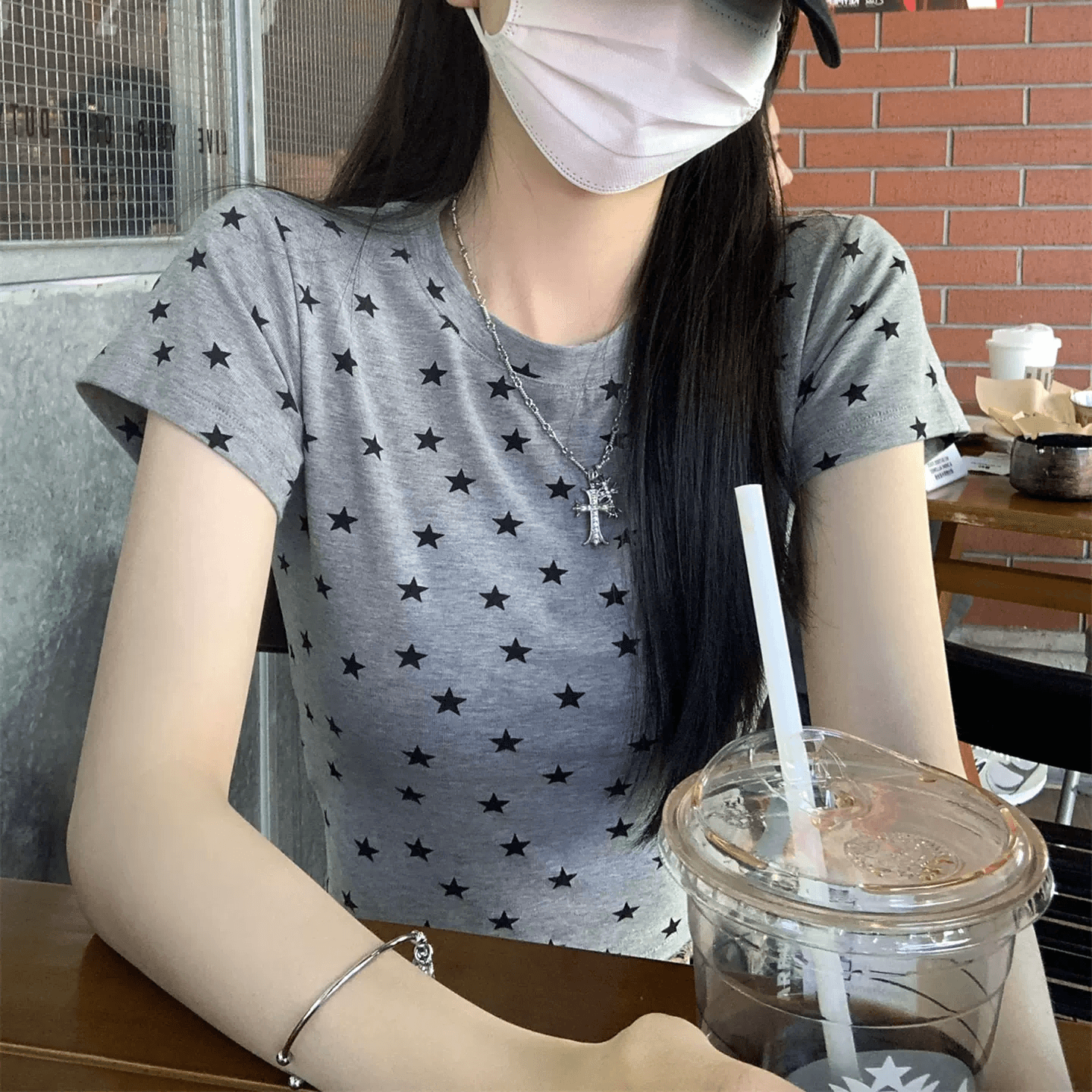 260 그램 모달 별 프린트 반팔 라운드 넥 티셔츠 여름 몸매 가꾸기 슬림해 보이는 맨위 상세 이미지 7