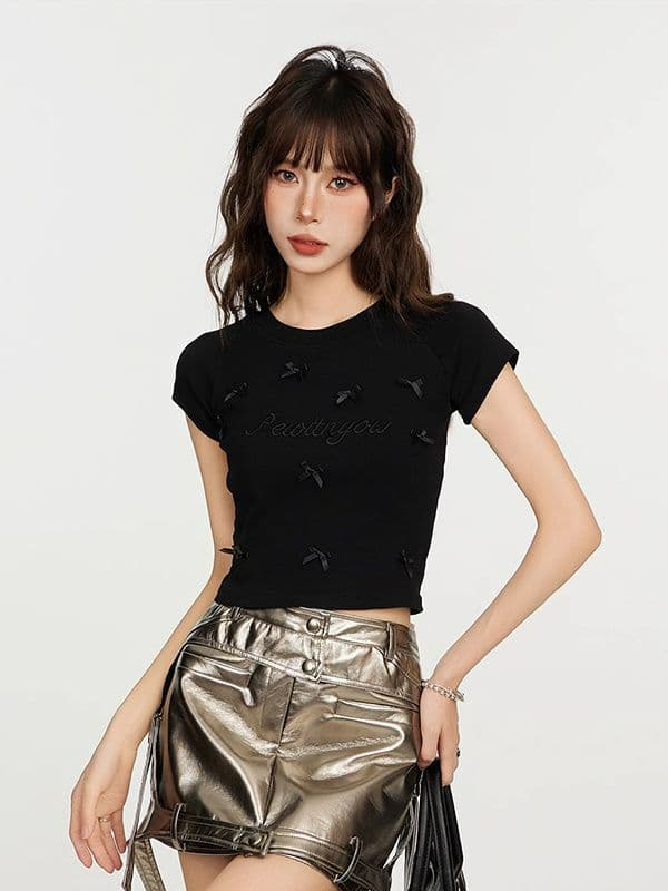 260 그램 와 사고 방식 아메리칸 레트로 나비 매듭 달콤함 긍정적 인 어깨 아름다운 반팔 티셔츠 상세 이미지 2
