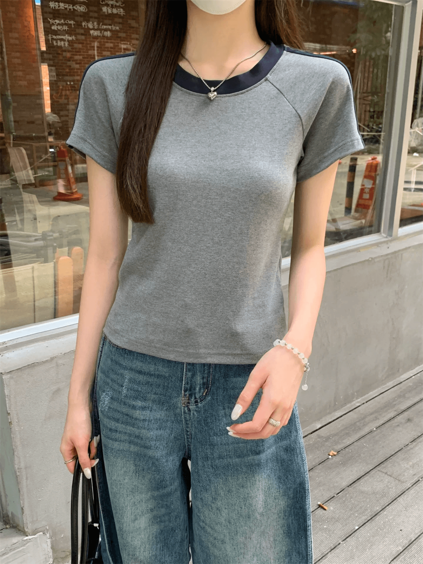 40 차가운 실크 코튼 리브 210 그램 아메리칸 높음 거리 레트로 배색 Chic 반팔 상세 이미지 5