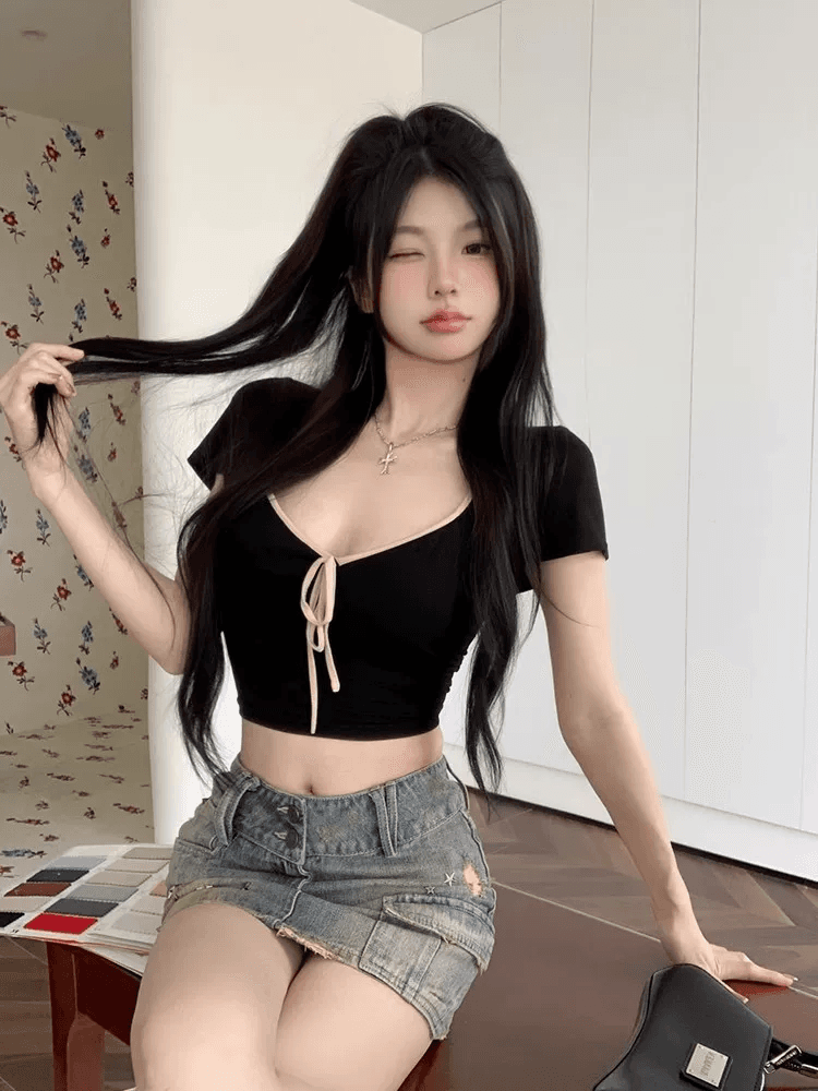 40 순면 나비 매듭 V넥 반팔 티셔츠 여성 2024 여름 새로운 몸매 가꾸기