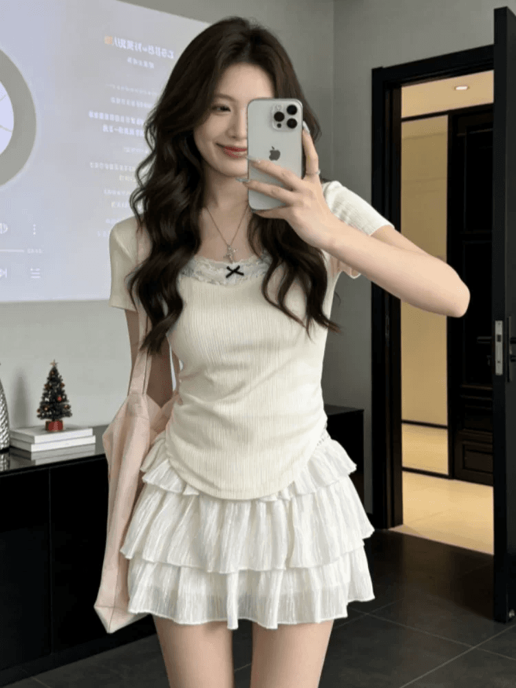 260 그램 사람들 면 디자인 센스 레이스 레이스 반팔 셔츠 여성 여름 몸매 가꾸기 슬림해 보이는