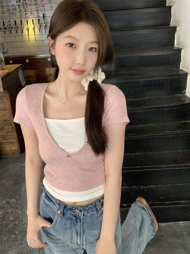 원본 광저우 원단 페이크 레이어드 패치워크 색상 긍정적 인 어깨 반팔 티셔츠 여성 여름 2026 새로운 상세 이미지 5