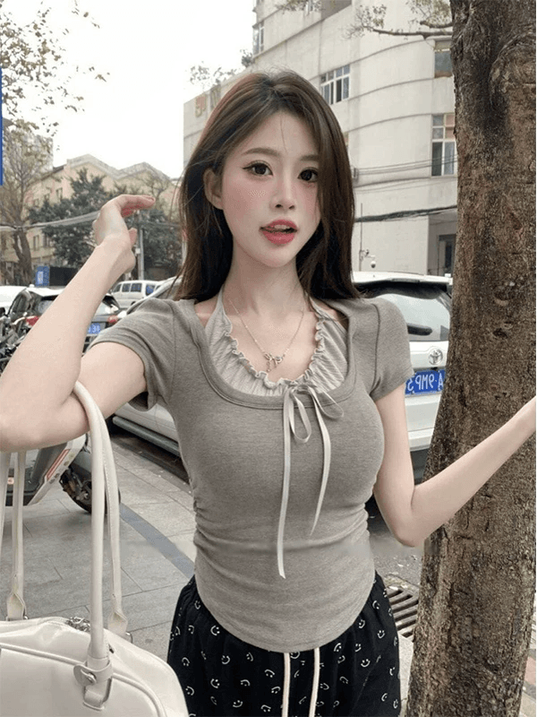 1 1 와 사고 방식 260 그램 발레 바람 페이크 레이어드 행침 목 반팔 티셔츠 여성 순수한 욕망 상세 이미지 2