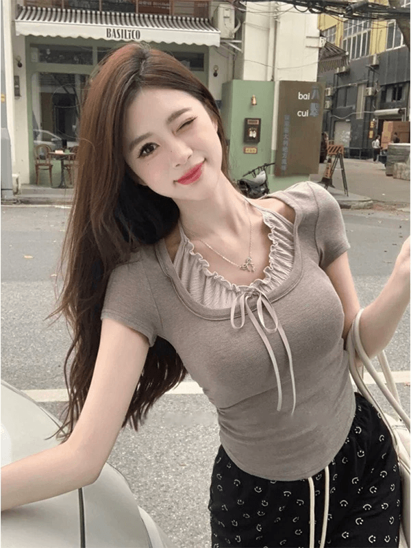 1 1 와 사고 방식 260 그램 발레 바람 페이크 레이어드 행침 목 반팔 티셔츠 여성 순수한 욕망 상세 이미지 5