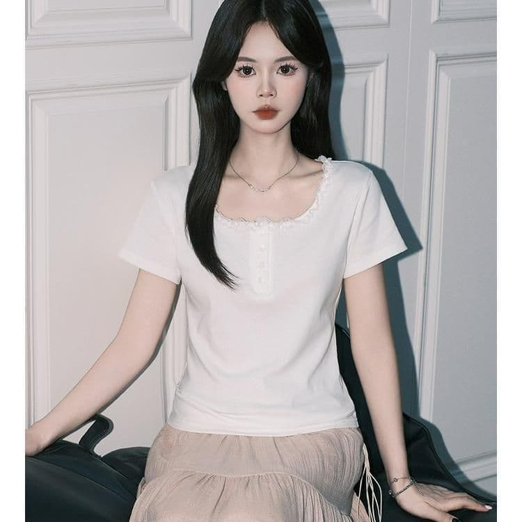 40 순면 레이스 조각 반팔 티셔츠 여성 여름 2026 새로운 ins 한 부서 이미지 4