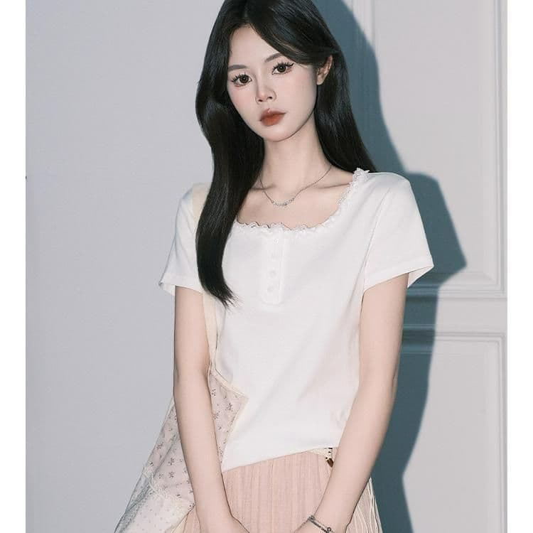 40 순면 레이스 조각 반팔 티셔츠 여성 여름 2026 새로운 ins 한 부서 이미지 3