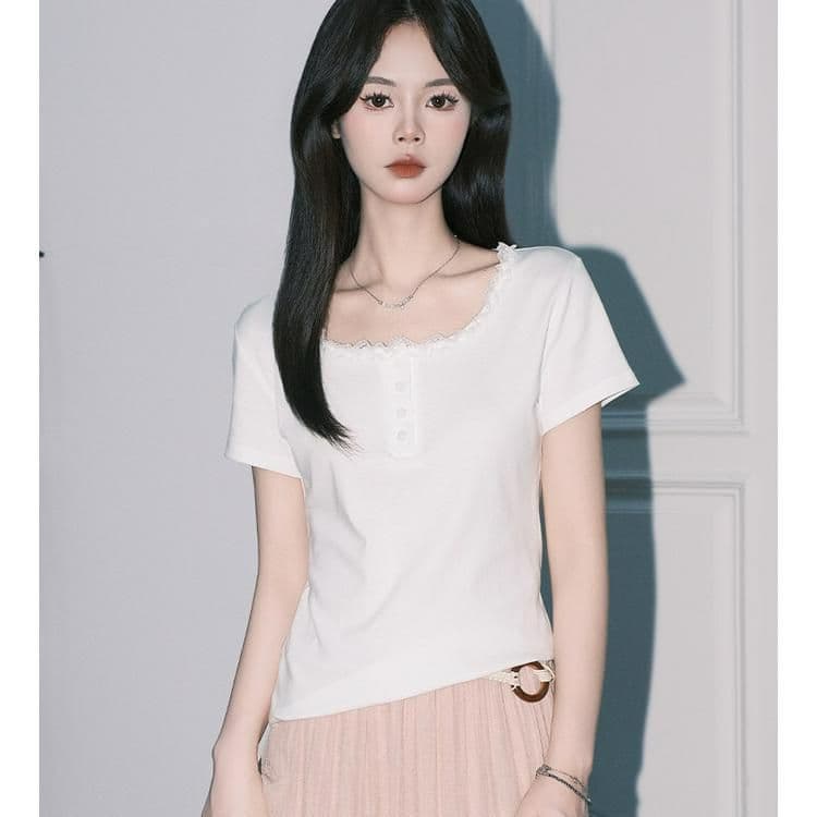 40 순면 레이스 조각 반팔 티셔츠 여성 여름 2026 새로운 ins 한 부서 상세 이미지 6