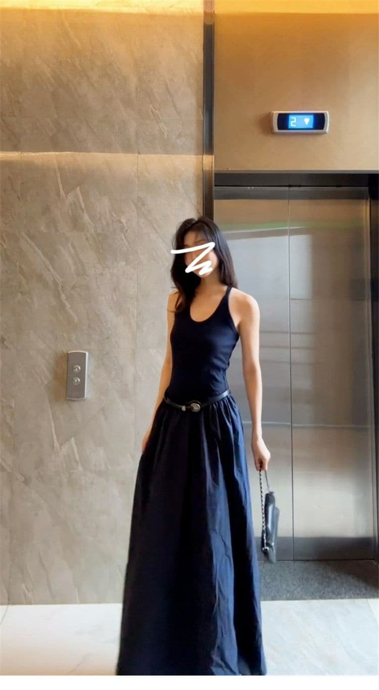 파란색 민소매 행침 목 캐미솔 점프 슈트 치마 여성 의류 여름 2025 새로운 프랑스식 품격 아름다운 롱 스커트 상세 이미지 6