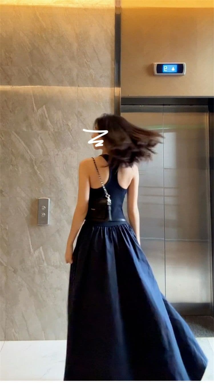 파란색 민소매 행침 목 캐미솔 점프 슈트 치마 여성 의류 여름 2025 새로운 프랑스식 품격 아름다운 롱 스커트 상세 이미지 7