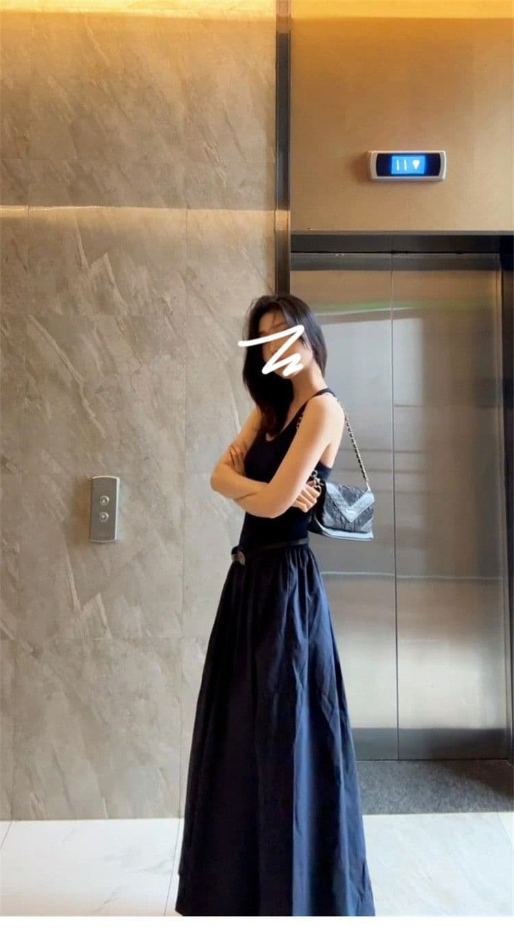 파란색 민소매 행침 목 캐미솔 점프 슈트 치마 여성 의류 여름 2025 새로운 프랑스식 품격 아름다운 롱 스커트 상세 이미지 9