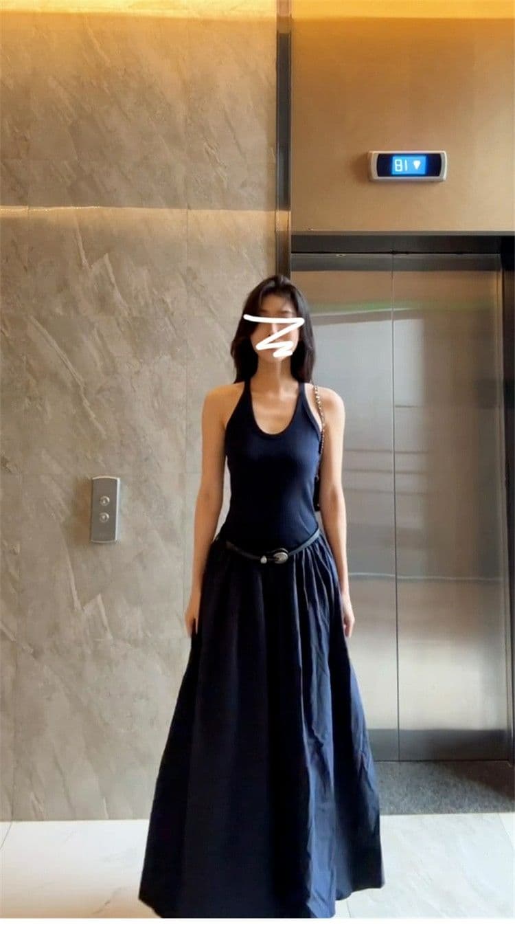 파란색 민소매 행침 목 캐미솔 점프 슈트 치마 여성 의류 여름 2025 새로운 프랑스식 품격 아름다운 롱 스커트 상세 이미지 10