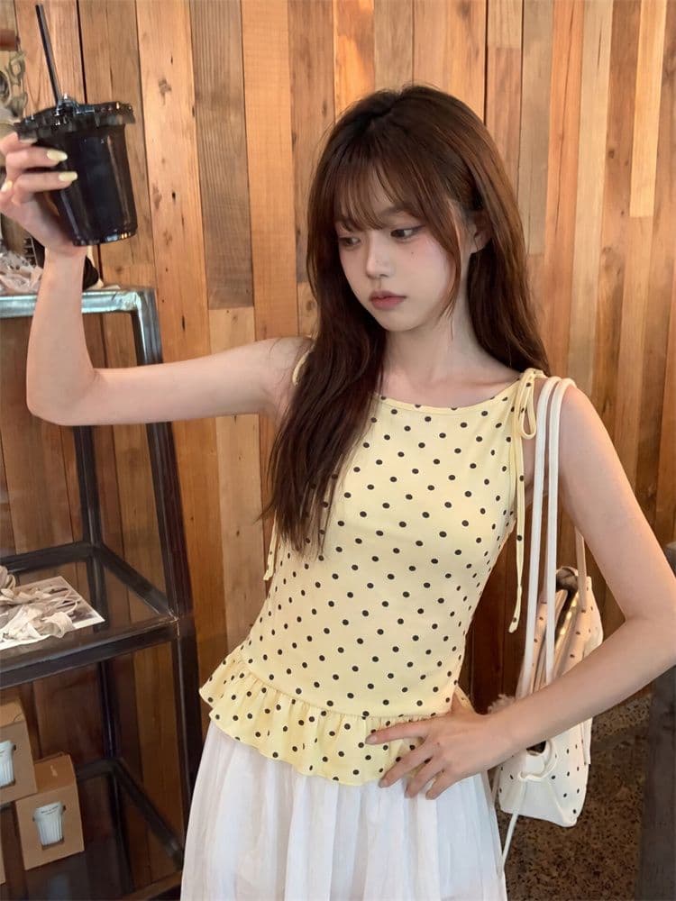 260 그램 모달 도파민 도트 무늬 레이스업 캐미솔 여름 프릴 허리 수축 슬림해 보이는 다용도 맨위