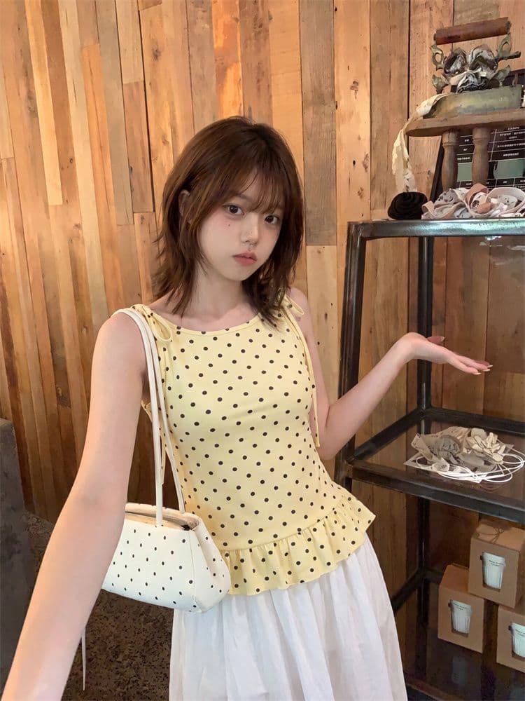 260 그램 모달 도파민 도트 무늬 레이스업 캐미솔 여름 프릴 허리 수축 슬림해 보이는 다용도 맨위 상세 이미지 4