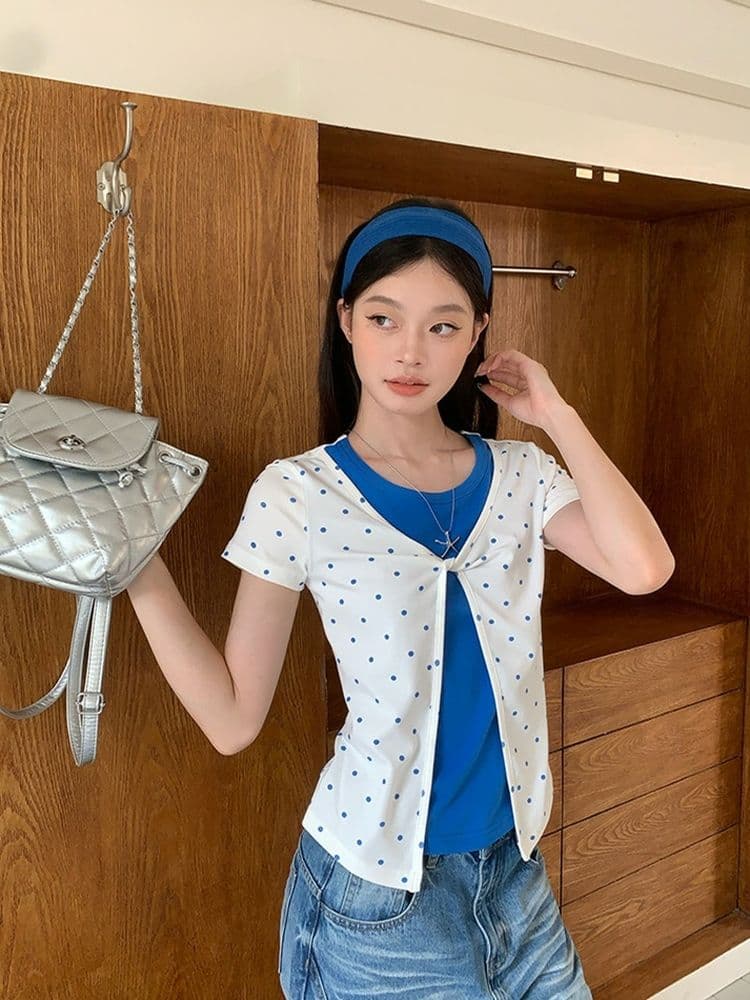 40 순면 한 부서 도트 무늬 페이크 레이어드 긍정적 인 어깨 반팔 티셔츠 여성 여름 디자인 센스 한 부서 몸매 가꾸기 아름다운 맨위 상세 이미지 2