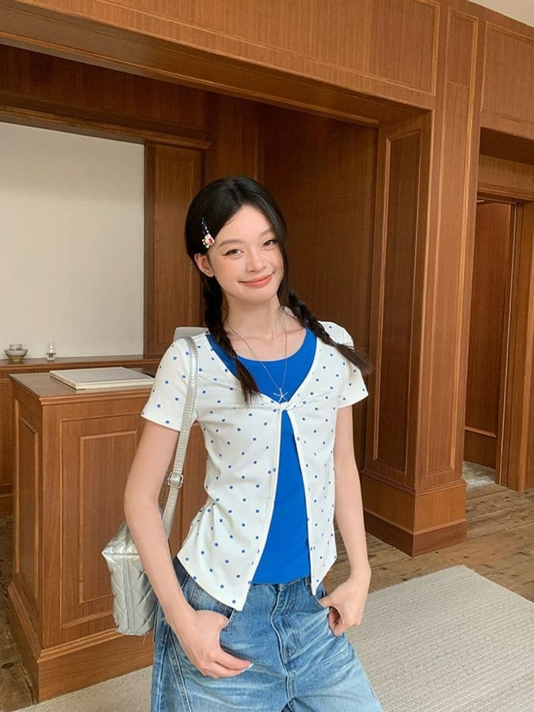 40 순면 한 부서 도트 무늬 페이크 레이어드 긍정적 인 어깨 반팔 티셔츠 여성 여름 디자인 센스 한 부서 몸매 가꾸기 아름다운 맨위 상세 이미지 11