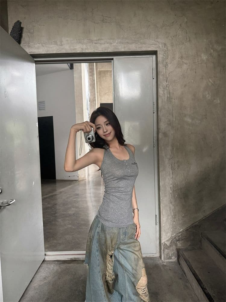 260 그램 모달 핫픽스 날개 행침 목 조끼 여성 여름 레트로 허리 수축 중간 길이 아메리칸 핫걸 맨위 이미지 4