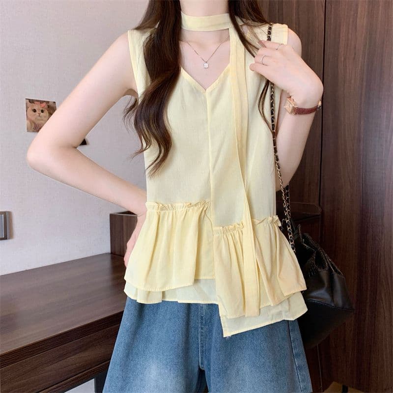 원본 원단 톰 글 래 원인 블루 불규칙 프릴 V넥 민소매 조끼 여성 디자인 센스 행침 목 리본 맨위 상세 이미지 12