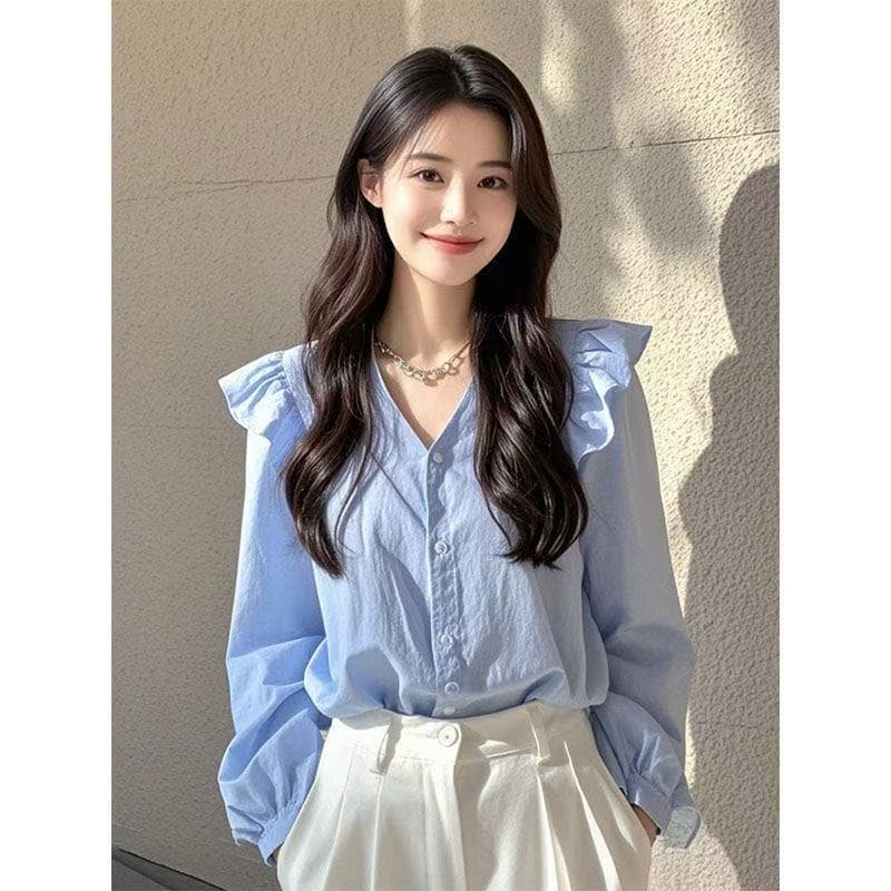 올해 인기 아름다운 작은 셔츠 빛 럭셔리 고급 프랑스식 작은 대중 아름다운 파란색 맨위 긴팔 셔츠 새로운 이른 가을 상세 이미지 3