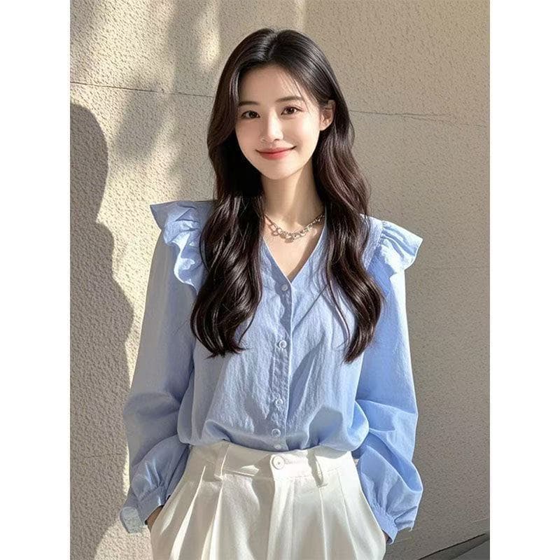 올해 인기 아름다운 작은 셔츠 빛 럭셔리 고급 프랑스식 작은 대중 아름다운 파란색 맨위 긴팔 셔츠 새로운 이른 가을 상세 이미지 9