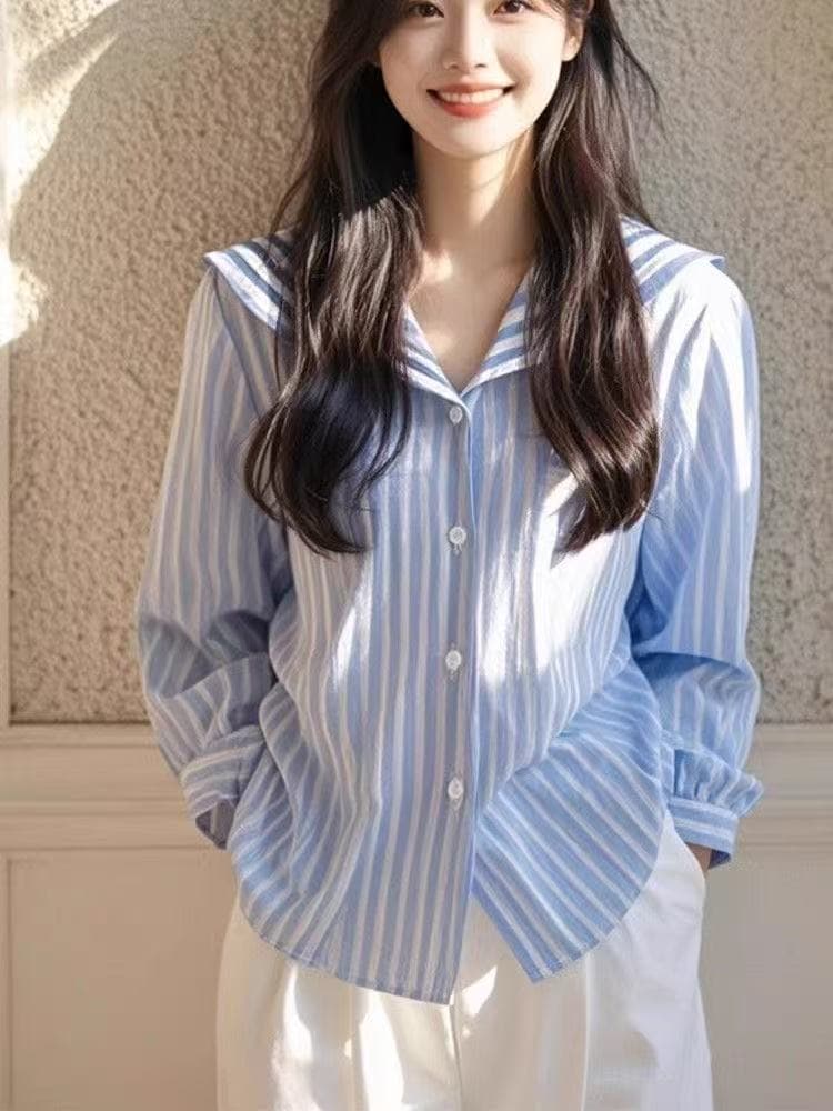 프랑스식 파란색 스트라이프 해군 칼라 고급 긴팔 셔츠 도파민 고급 센스 품격 작은 맨위 여성 의류 이른 가을 상세 이미지 2