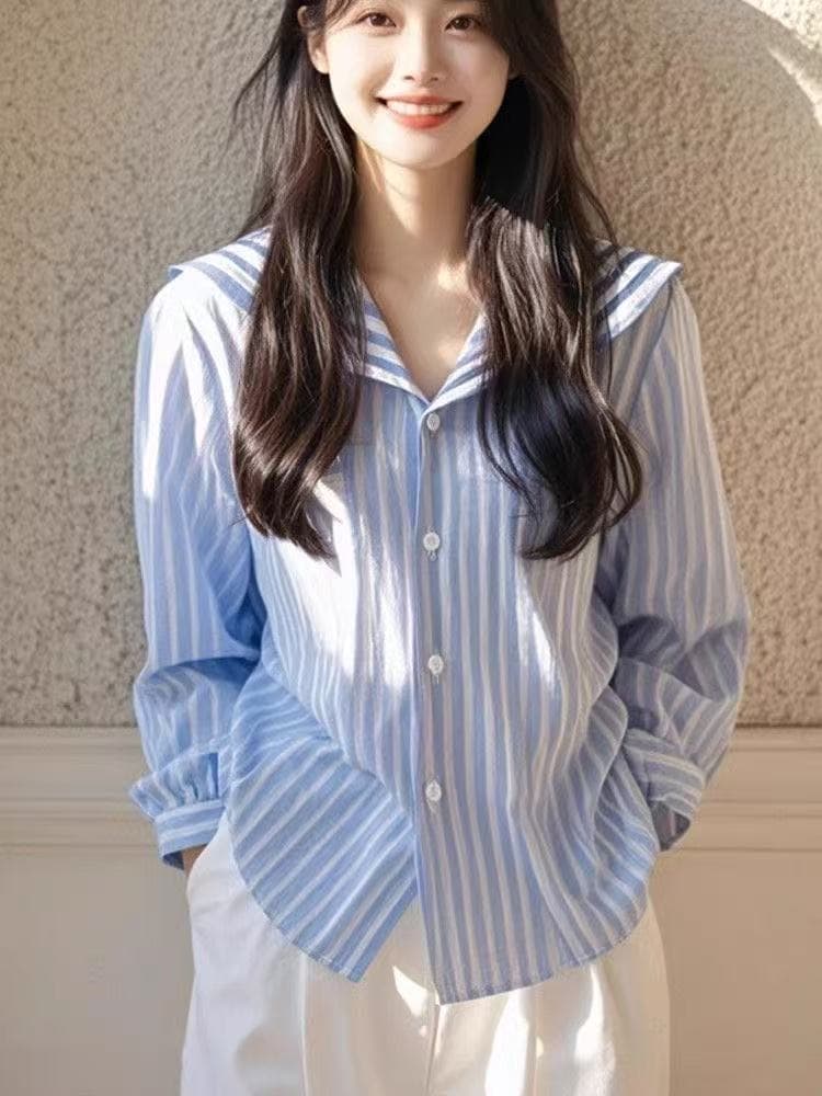 프랑스식 파란색 스트라이프 해군 칼라 고급 긴팔 셔츠 도파민 고급 센스 품격 작은 맨위 여성 의류 이른 가을 상세 이미지 8