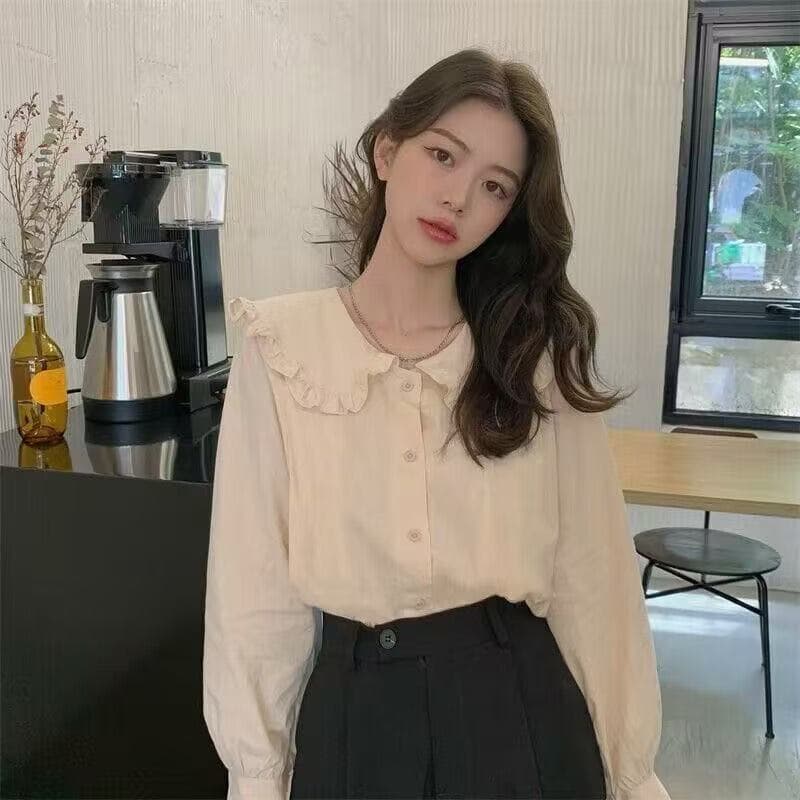 새로운 가을 긴팔 한국 스타일 루즈핏 프랑스식 디자인 센스 작은 대중 인형 셔츠 맨위 셔츠 상세 이미지 2