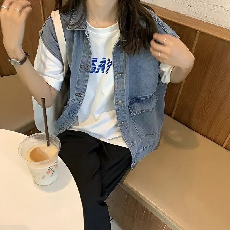 한국 스타일 루즈핏 봄 워크웨어 데님 베스트 외부 가져 가라. 스택 인터넷 유명인 bf 재킷 외출용 민소매 어깨 오픈 가디건 착용 가져 가라. 상세 이미지 4