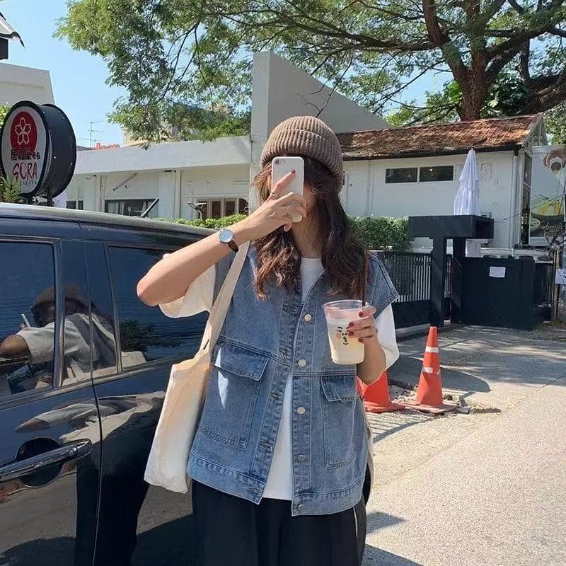 한국 스타일 루즈핏 봄 워크웨어 데님 베스트 외부 가져 가라. 스택 인터넷 유명인 bf 재킷 외출용 민소매 어깨 오픈 가디건 착용 가져 가라. 상세 이미지 6