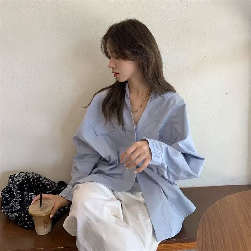 셔츠 센스 작은 대중 화이트 새로운 프랑스식 레트로 다용도 루즈핏 디자인 긴팔 셔츠 맨위 봄 불규칙 이미지 4