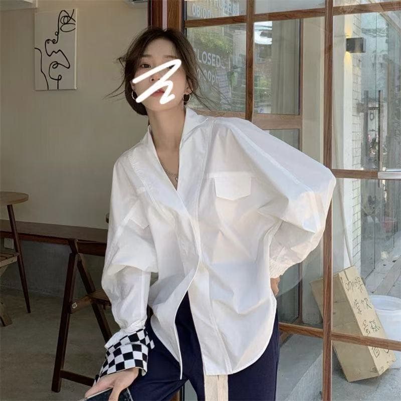 셔츠 센스 작은 대중 화이트 새로운 프랑스식 레트로 다용도 루즈핏 디자인 긴팔 셔츠 맨위 봄 불규칙 이미지 2