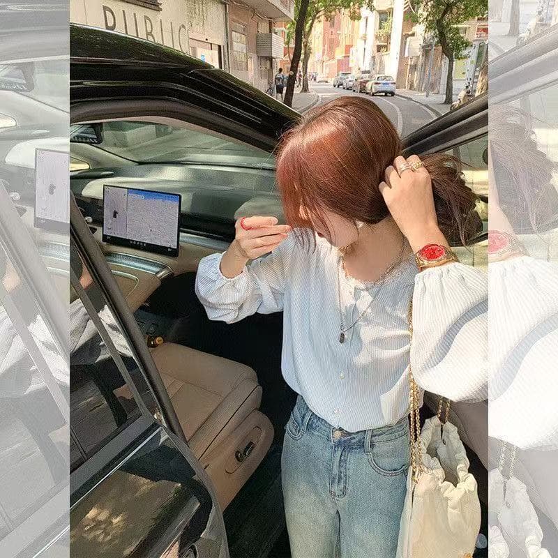 2026 새로운 프랑스식 Chic 봄 가을 빅 사이즈 스트라이프 표지 고기 긴팔 셔츠 디자인 레이스 연령 감소 맨위 이미지 3