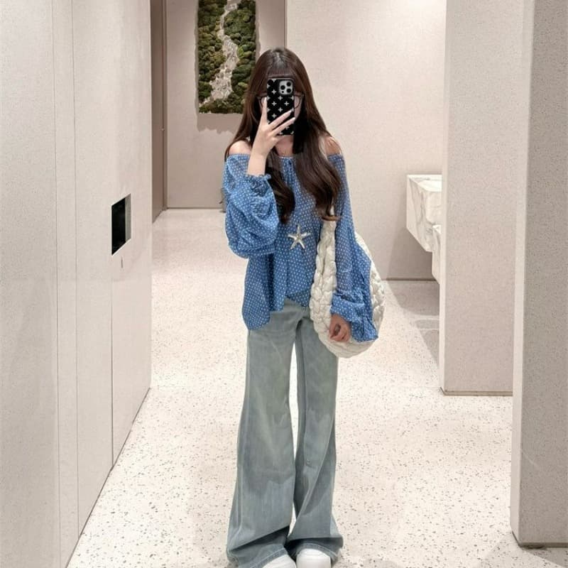 원본 쉬폰 오프숄더 도트 무늬 레이스업 얇은 스타일 시폰 셔츠 여성 여름 루즈핏 마이크로 ~을 통해 디자인 센스 긴팔 맨위 이미지 5