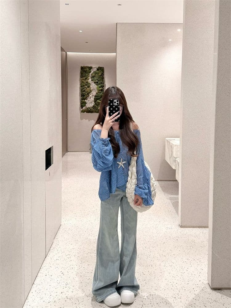 원본 쉬폰 오프숄더 도트 무늬 레이스업 얇은 스타일 시폰 셔츠 여성 여름 루즈핏 마이크로 ~을 통해 디자인 센스 긴팔 맨위 상세 이미지 2