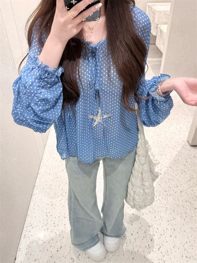 원본 쉬폰 오프숄더 도트 무늬 레이스업 얇은 스타일 시폰 셔츠 여성 여름 루즈핏 마이크로 ~을 통해 디자인 센스 긴팔 맨위 상세 이미지 5
