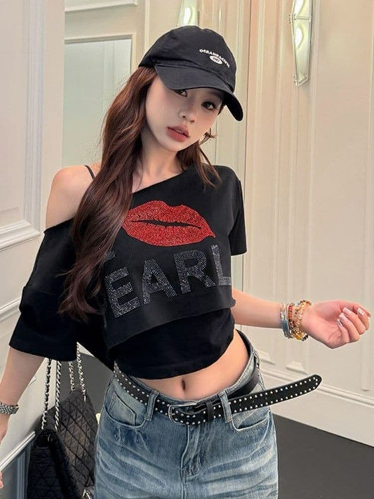 40 얼음 부드러운 순면 아메리칸 높음 거리 레트로 핫픽스 알파벳 오프숄더 반팔 티셔츠 여성 여름 쇼트 스타일 이슬 뼈의 맨위 상세 이미지 3
