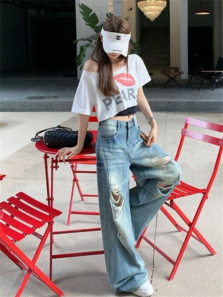 40 얼음 부드러운 순면 아메리칸 높음 거리 레트로 핫픽스 알파벳 오프숄더 반팔 티셔츠 여성 여름 쇼트 스타일 이슬 뼈의 맨위 상세 이미지 12