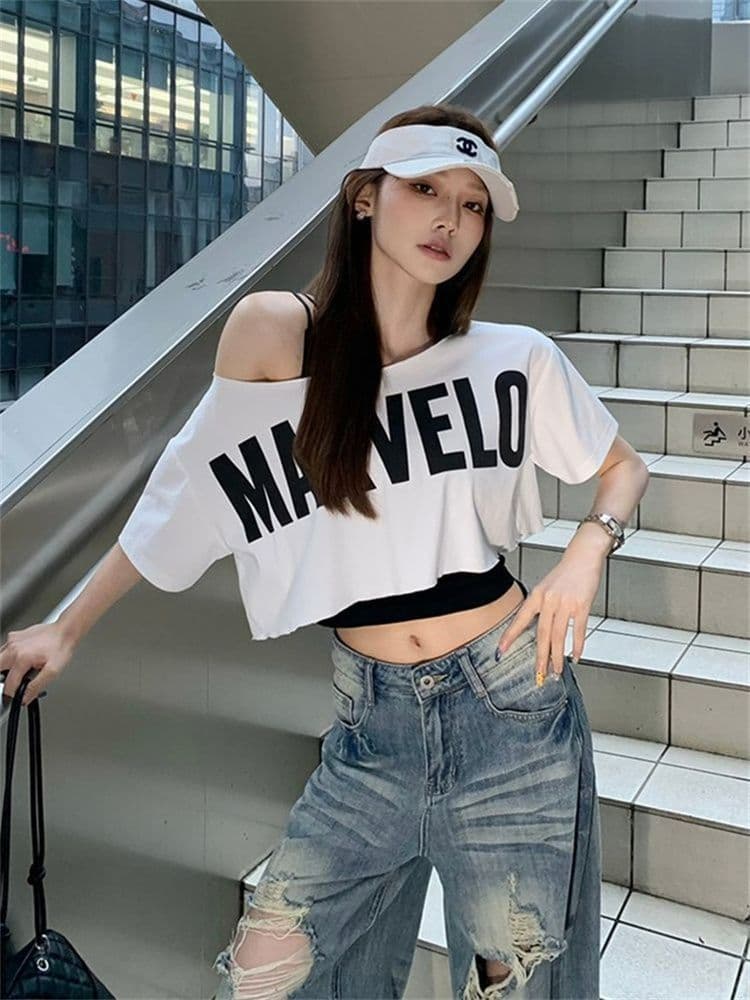 40 얼음 부드러운 순면 아메리칸 높음 거리 레트로 핫픽스 알파벳 오프숄더 반팔 티셔츠 여성 여름 쇼트 스타일 이슬 뼈의 맨위 상세 이미지 20