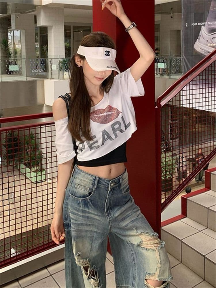 40 얼음 부드러운 순면 아메리칸 높음 거리 레트로 핫픽스 알파벳 오프숄더 반팔 티셔츠 여성 여름 쇼트 스타일 이슬 뼈의 맨위 상세 이미지 21