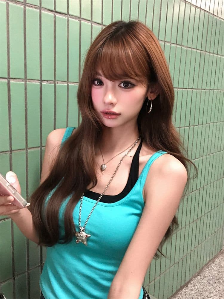 40 순면 아메리칸 핫걸 바람 파란색 캐미솔 여름 품격 몸매 가꾸기 슬림해 보이는 아름다움 뒤로 연령 감소 맨위