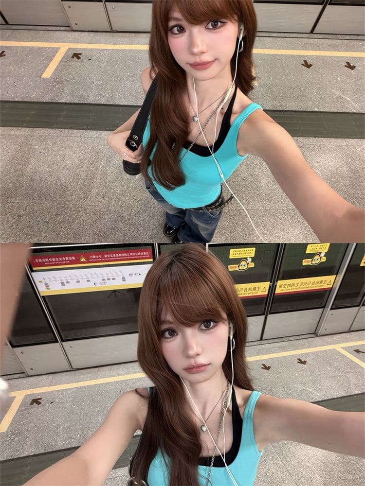 40 순면 아메리칸 핫걸 바람 파란색 캐미솔 여름 품격 몸매 가꾸기 슬림해 보이는 아름다움 뒤로 연령 감소 맨위 상세 이미지 5