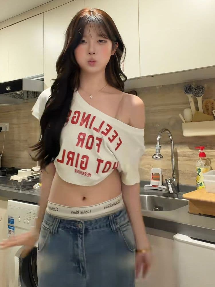 40 순면 프린트 비스듬한 어깨 반팔 티셔츠 여성 여름 한 부서 느긋한 바람 루즈핏 캐주얼 느슨함 센스 오프숄더 맨위 이미지 2