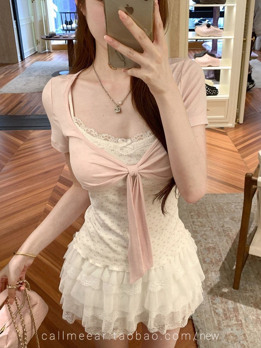 260 그램 모달 배색 나비 매듭 티셔츠 패치워크 디자인 센스 페이크 레이어드 u 칼라 반팔 맨위 여성 여름