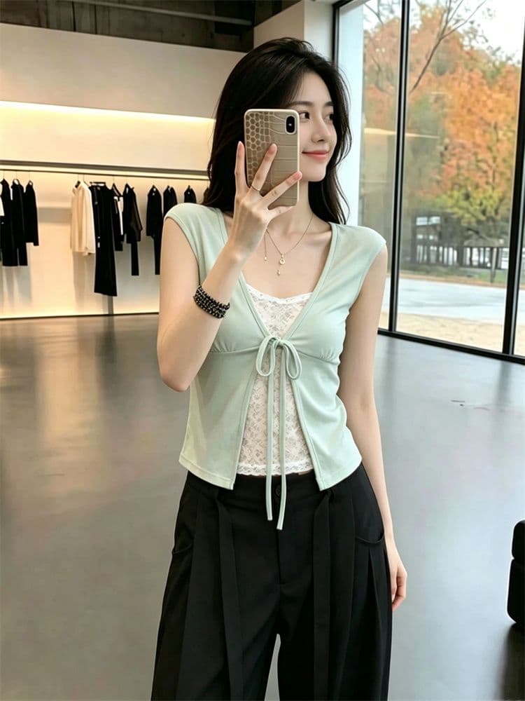 260 그램 모달 한 부서 레이스 레이스 페이크 레이어드 패치워크 반팔 티셔츠 여성 여름 레이스업 몸매 가꾸기 핫걸 맨위 이미지 2