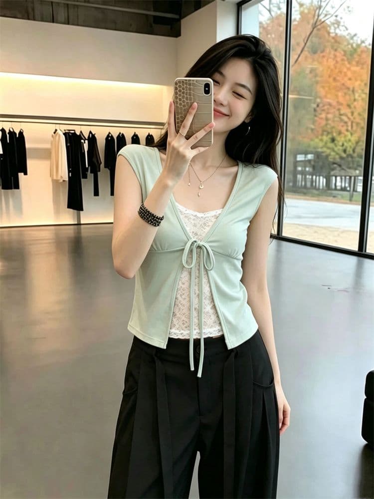 260 그램 모달 한 부서 레이스 레이스 페이크 레이어드 패치워크 반팔 티셔츠 여성 여름 레이스업 몸매 가꾸기 핫걸 맨위 이미지 3