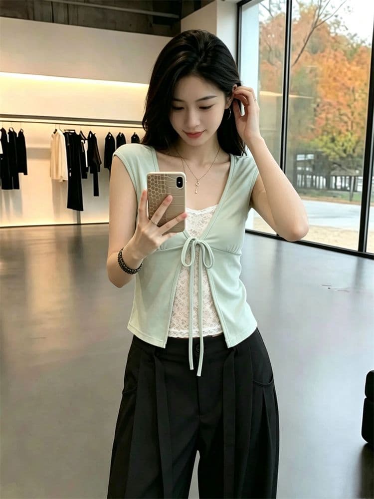 260 그램 모달 한 부서 레이스 레이스 페이크 레이어드 패치워크 반팔 티셔츠 여성 여름 레이스업 몸매 가꾸기 핫걸 맨위