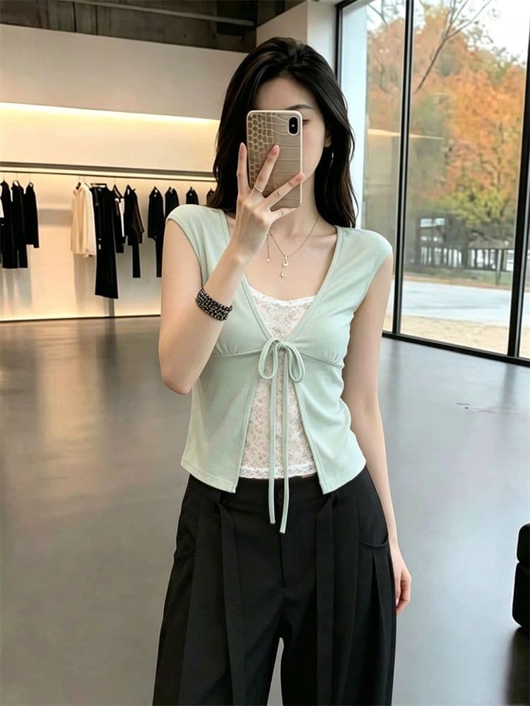 260 그램 모달 한 부서 레이스 레이스 페이크 레이어드 패치워크 반팔 티셔츠 여성 여름 레이스업 몸매 가꾸기 핫걸 맨위 상세 이미지 2