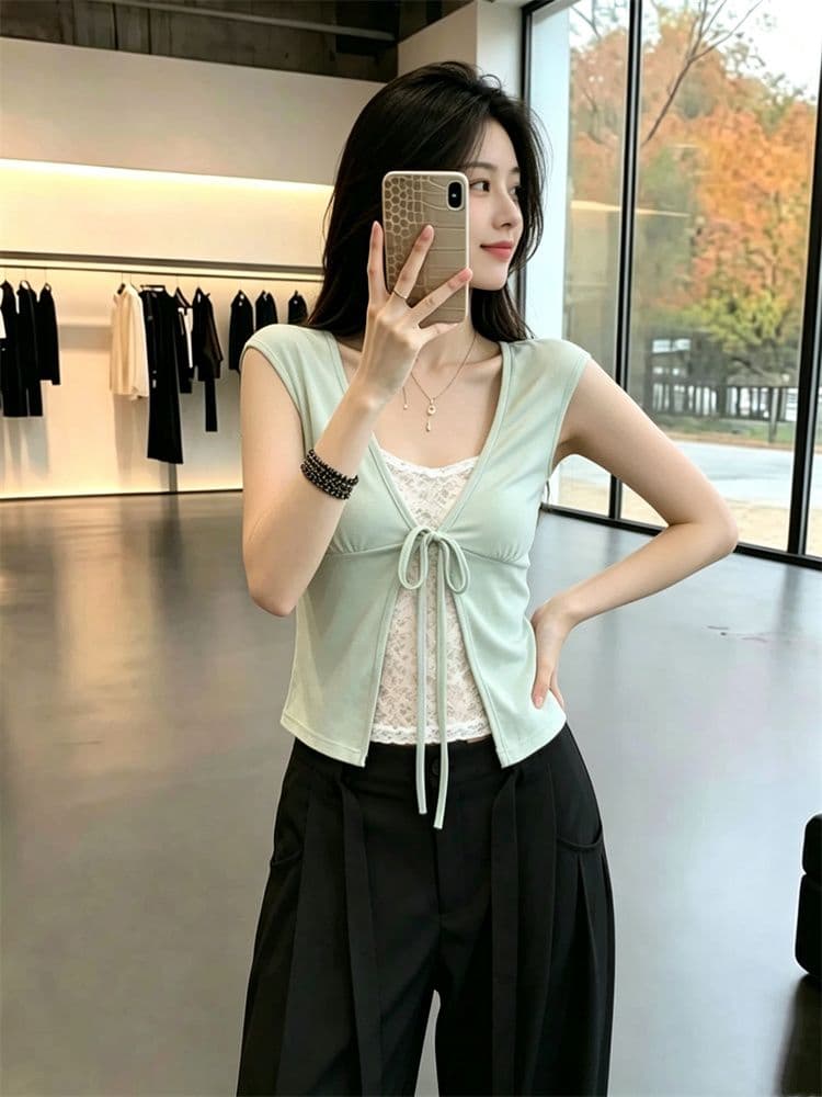 260 그램 모달 한 부서 레이스 레이스 페이크 레이어드 패치워크 반팔 티셔츠 여성 여름 레이스업 몸매 가꾸기 핫걸 맨위 상세 이미지 6