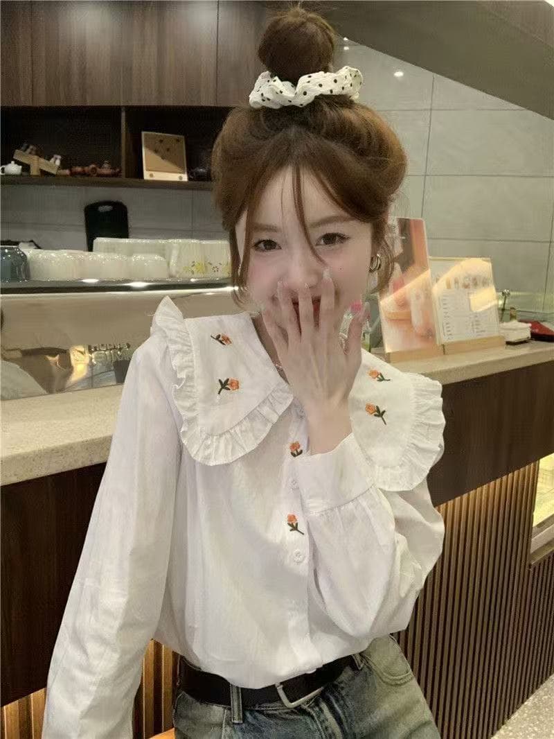 프랑스식 달콤함 자수 베이비 칼라 긴팔 셔츠 여성 의류 2026 봄 새로운 디자인 센스 작은 대중 Chic 맨위 상세 이미지 7